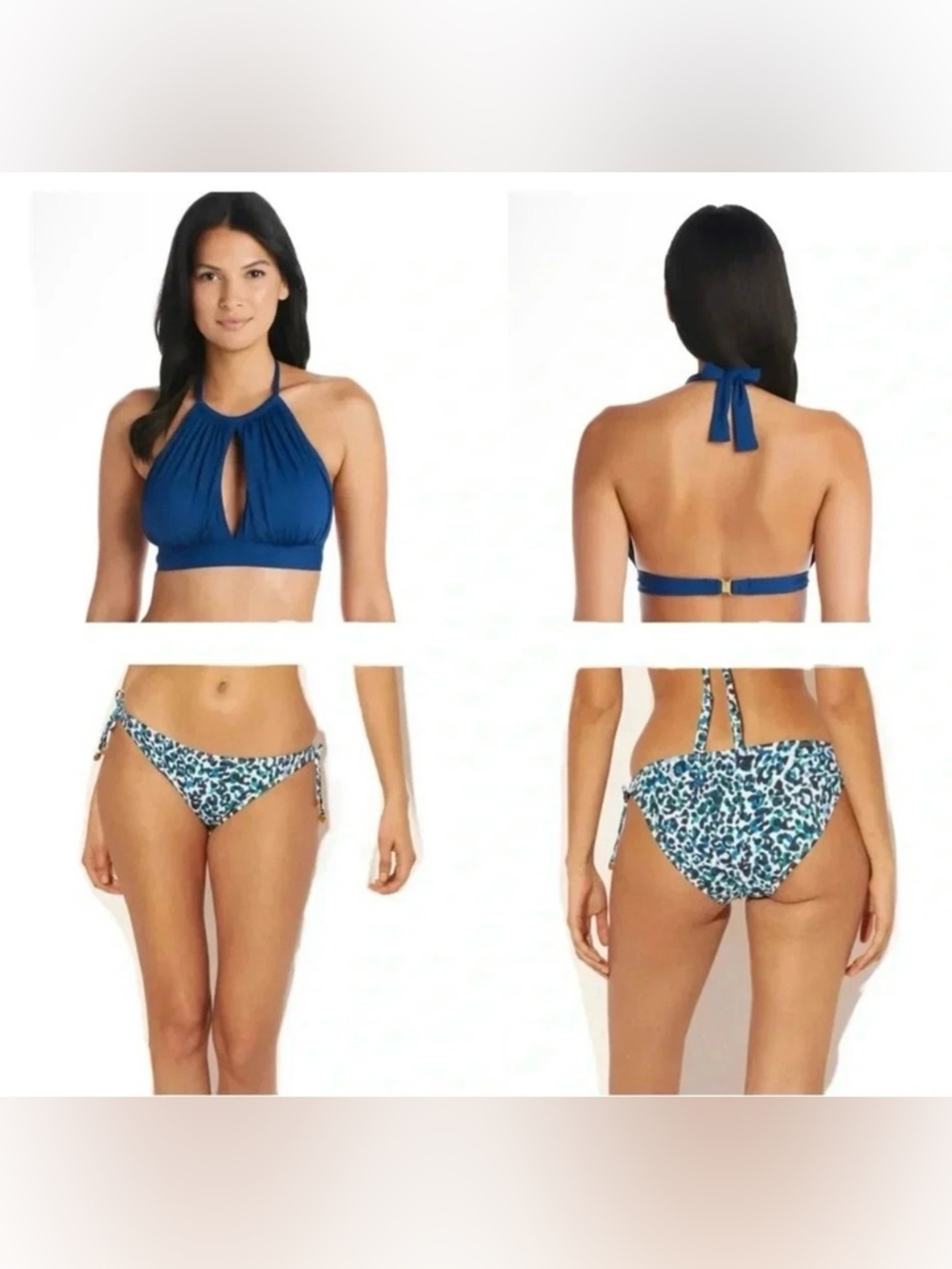 Bleu Rod Beattie All Tied Up Navy Hi-Neck Top and Tie Sides Bikini Bottom Sz 10